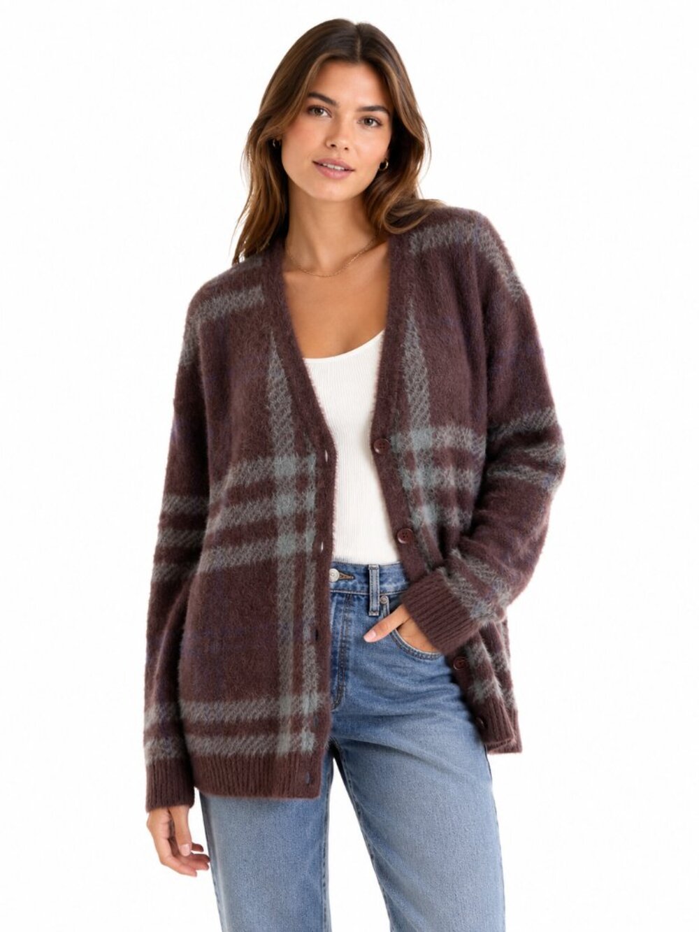 Levi’s Premium Women’s M Henri Fluffy Plaid Cardigan Sweater Allspice